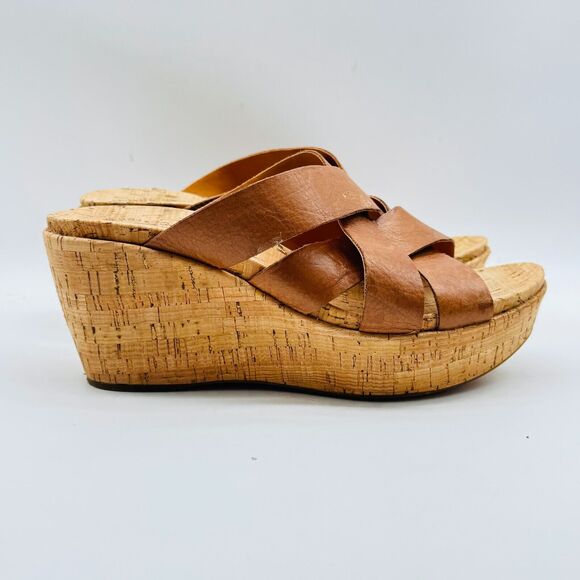 Kork Ease Shoes Womens 10 Brown Leather Wedge Cork Heels Slides Comfort Casual - Picture 1 of 12